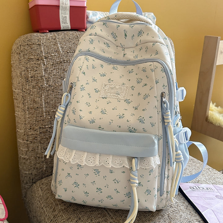 Elegant Floral-Print Multi-Compartment School Backpack