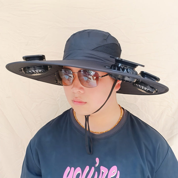 Wide-brimmed sun hat with detachable swivel solar fans and adjustable chin strap Kalsten