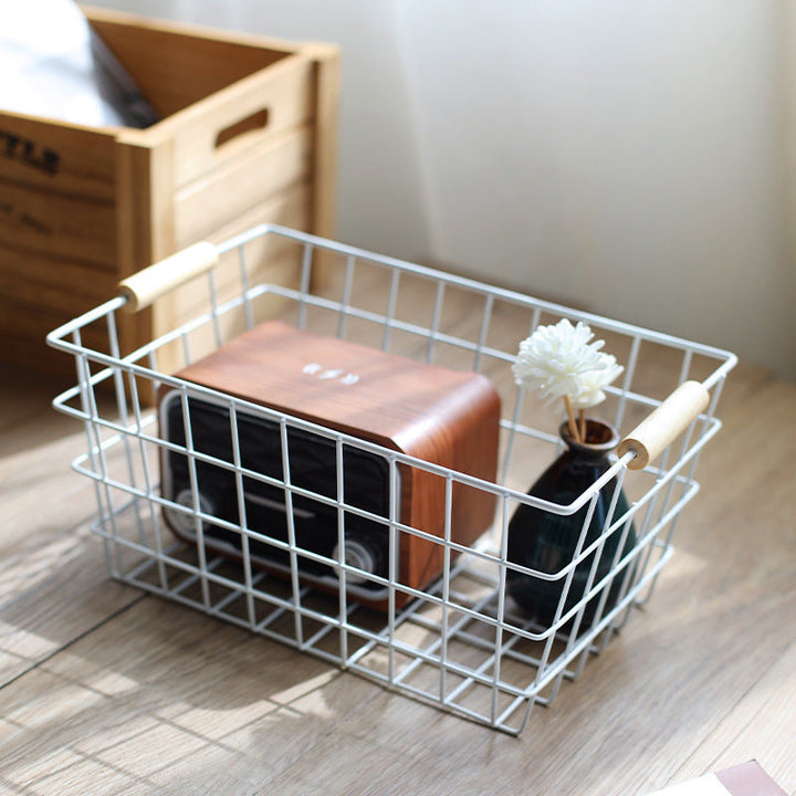 Unisex Wire Storage Basket with Ergonomic Wooden Handles Kalsten