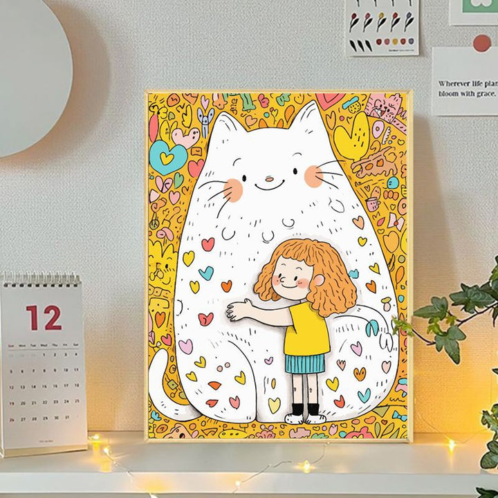 Playful Cat and Girl Illustration Canvas Art Kalsten