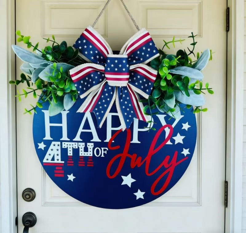 Unisex nan Patriotic Round Wooden Door Sign with Bow and Faux Greenery Kalsten