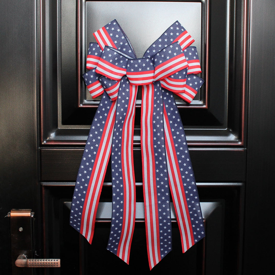 Unisex nan large patriotic star stripe ribbon bow wall hanging with long streamer tails for door wreaths and porch decor Kalsten