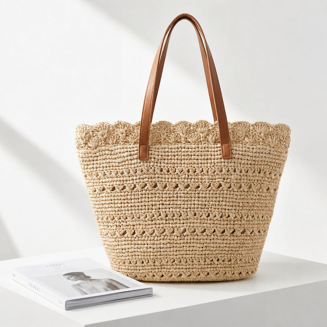 Beach bag with handcrafted crochet pattern and leather handles Kalsten