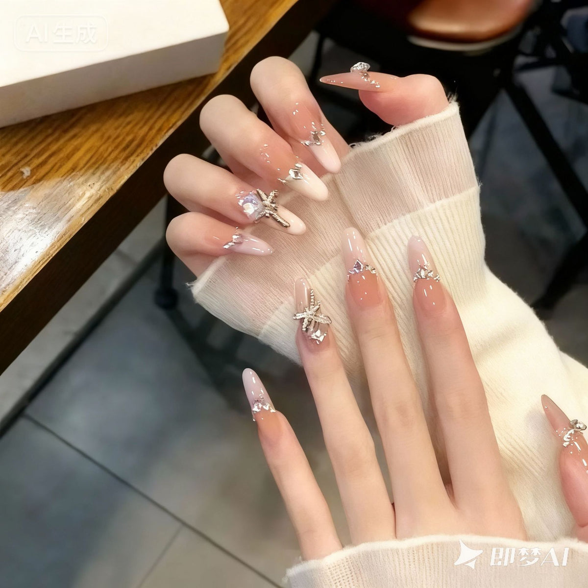 Artificial nail set with elegant crystal decorations and ombre effect Acalora