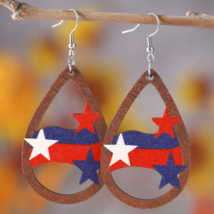 Ladies' nan teardrop-shaped wooden earrings with multi-layer star and stripe appliqué and nickel-free ear hooks Kalsten