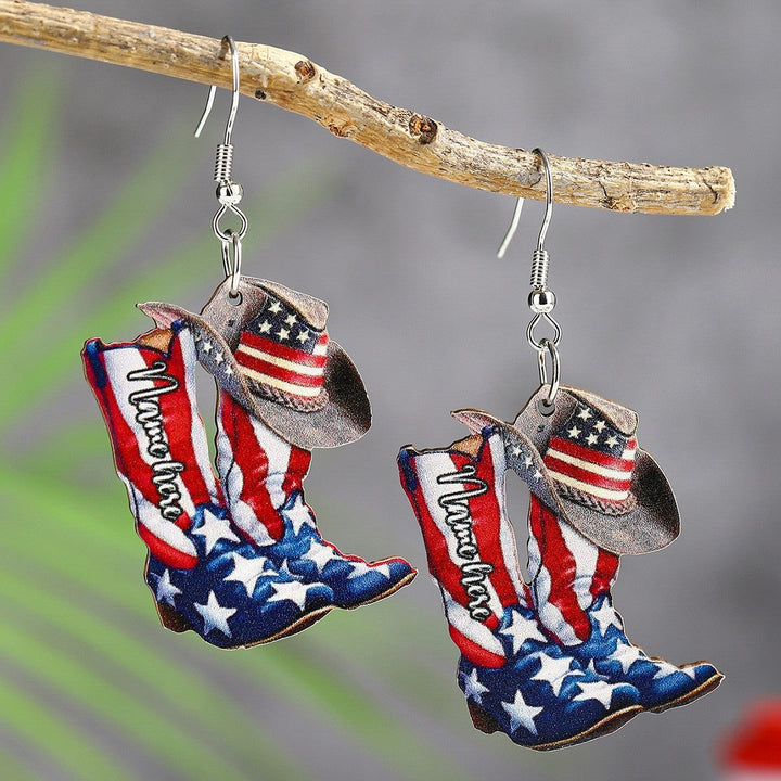 Ladies' lightweight wooden earrings in airplane jet design with patriotic motif and hypoallergenic fish hook Kalsten