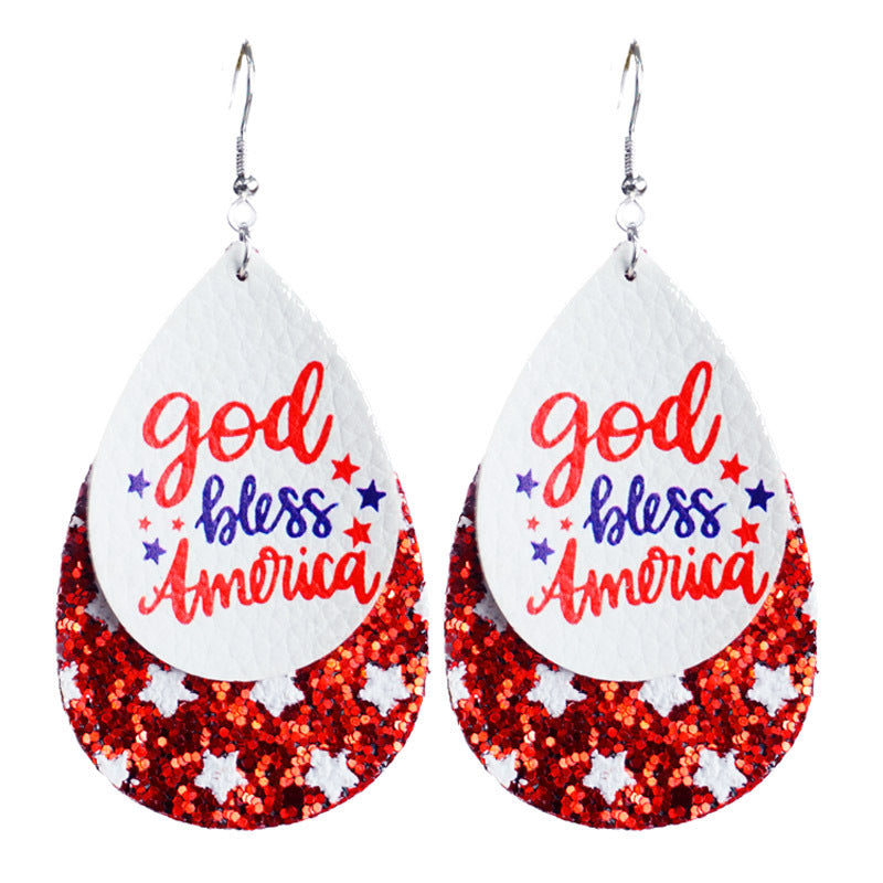 Women's patriotic drop earrings made of faux leather with glitter stars and the inscription Kalsten