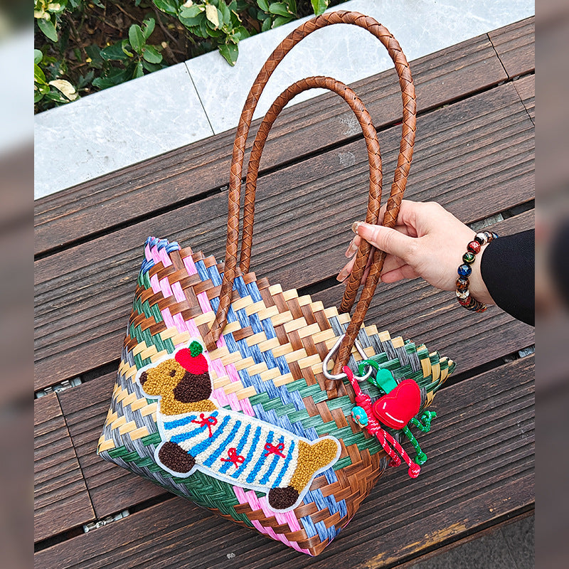 Handcrafted basket bag with colorful animal design Kalsten