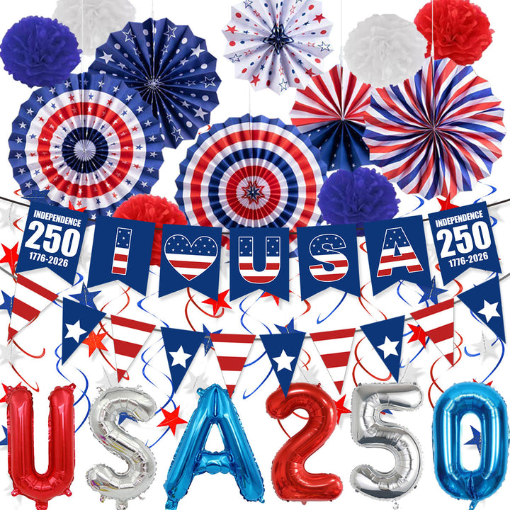 Unisex nan patriotic party decoration set with paper fans bunting pom poms star garlands and foil letter balloons Kalsten
