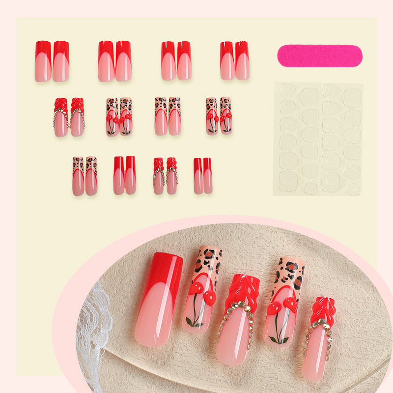 Artistic Press-On Nail Set with Cherry and Animal Prints Acalora