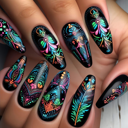 Art nails with delicate floral design and vibrant color plays Acalora