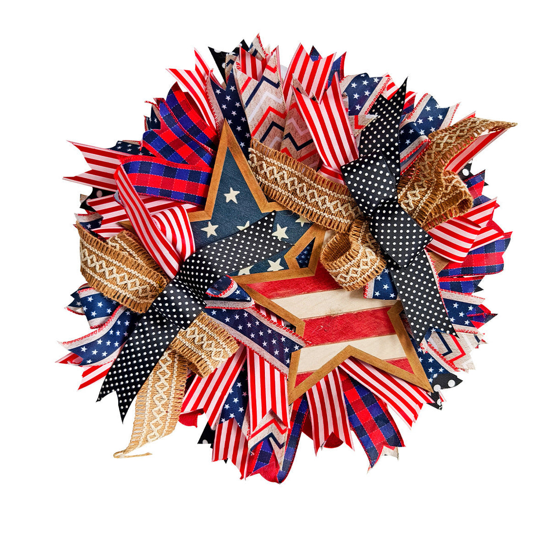 Unisex nan more patriotic USA-inspired door wreath with wooden star and multicolored ribbon arrangements Kalsten