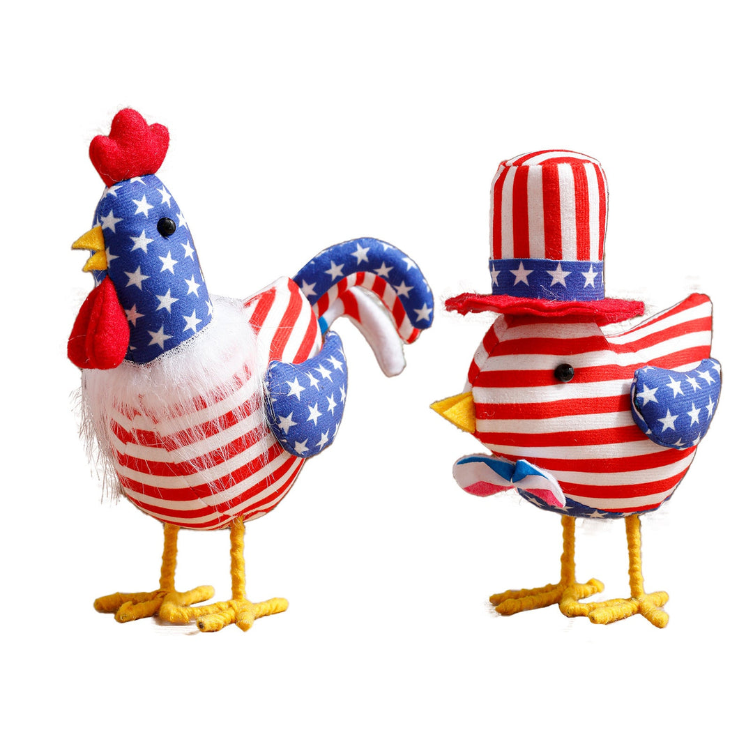 Unisex nan decorative plush rooster in Americana design with star pattern and standing wire legs Kalsten