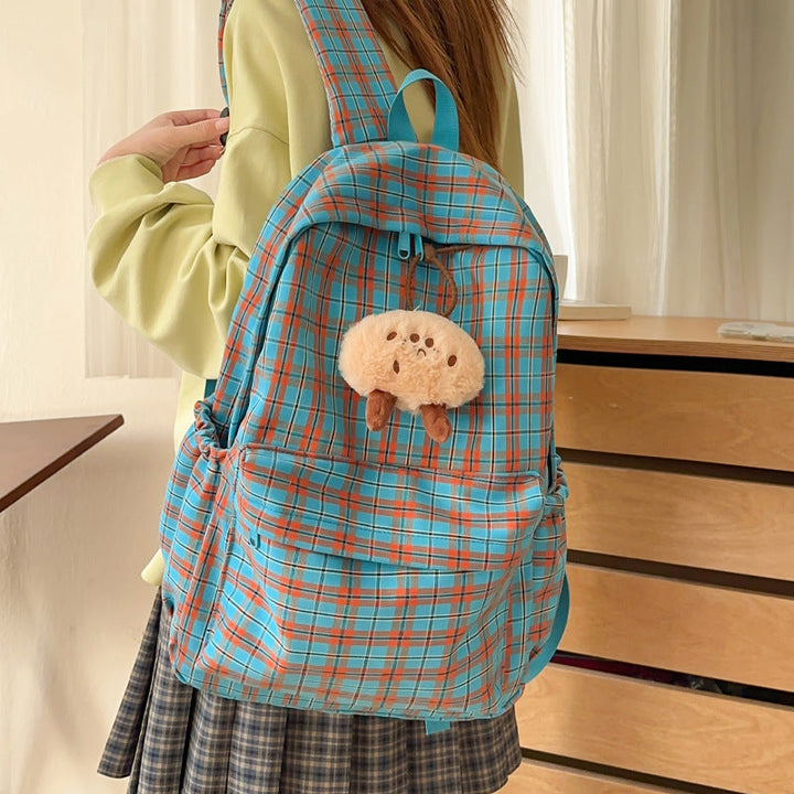 Backpack with Practical Check Pattern and Cute Plush Pendant Kalsten