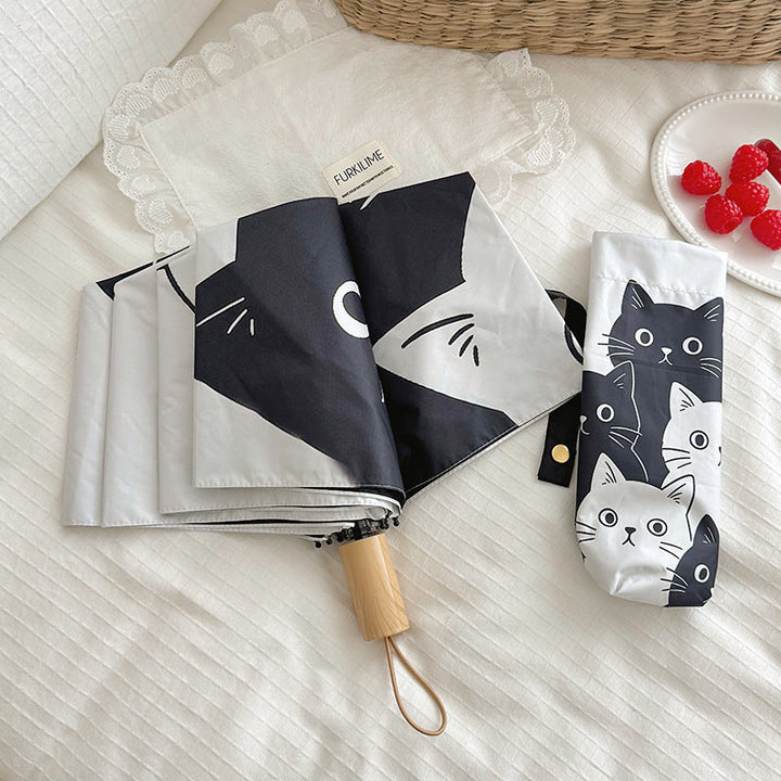 Women Folding Umbrella with Playful Cat Pattern Kalsten