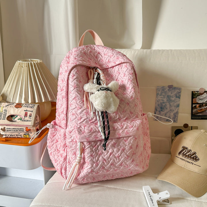 Textured Fabric Backpack with Cute Charms