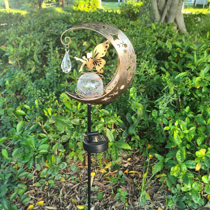Decorative Crescent Moon Solar Garden Stake Lamp With Hanging Crystal Orb And Butterfly Kalsten