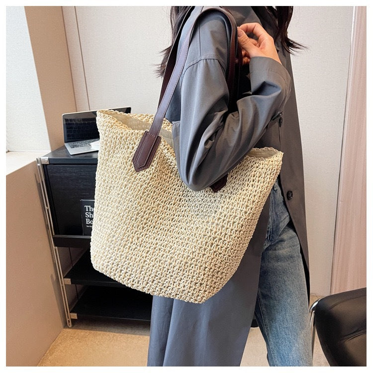 Braided shopping bag with leather handles Kalsten