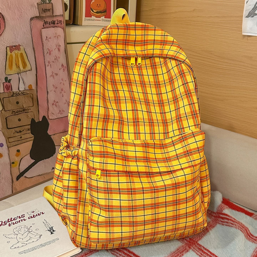 Backpack with Practical Check Pattern and Cute Plush Pendant Kalsten