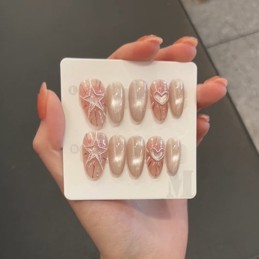 Fashionable Press-On Nail Set with Glamorous Star and Heart Designs Acalora