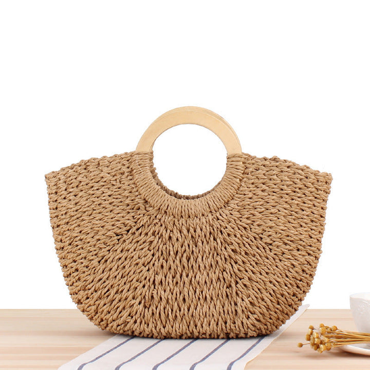 Braided raffia bag with round wooden handles Kalsten