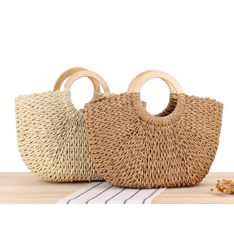 Braided raffia bag with round wooden handles Kalsten