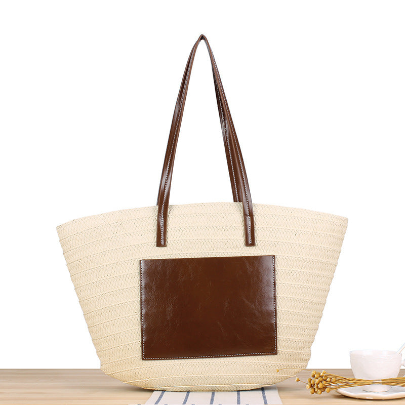 Trendy Beach Bag Made of Woven Straw and Leather Accents Kalsten