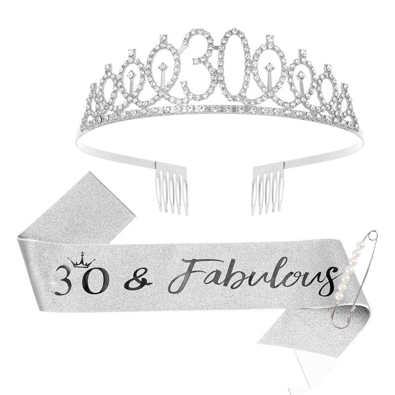 Women Crystal-Embellished Birthday Crown with Personalized Sash Kalsten
