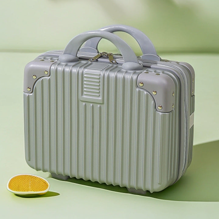 structured hard-shell vanity travel case with faux-leather corner reinforcements and dual top handles Kalsten