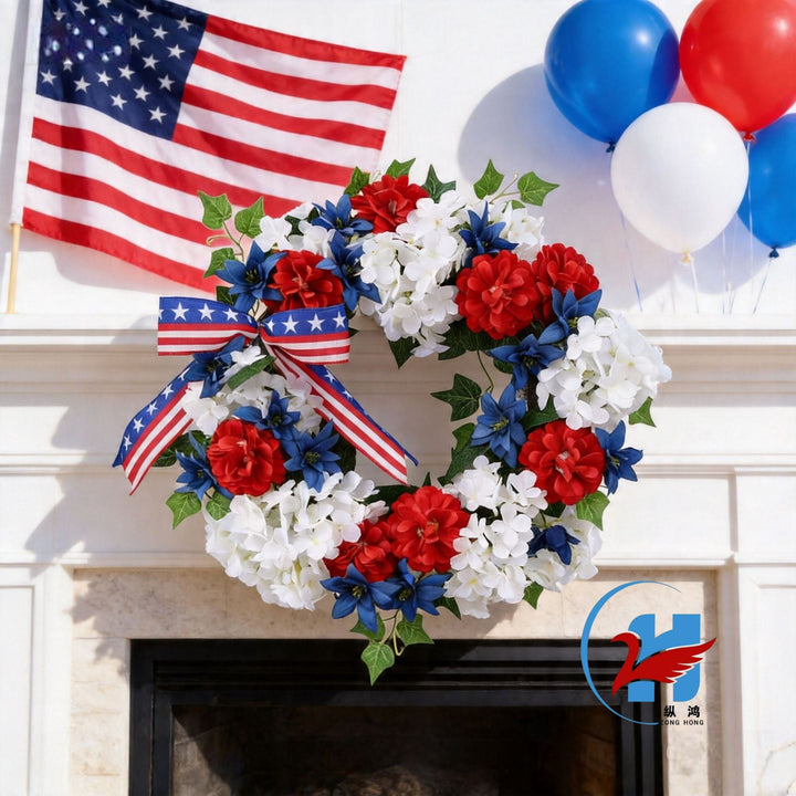 Unisex decorative door wreath made of durable artificial flowers with ribbon in festive style Kalsten