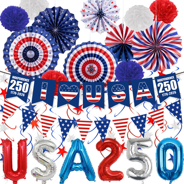 Unisex nan patriotic party decoration set with paper fans bunting pom poms star garlands and foil letter balloons Kalsten