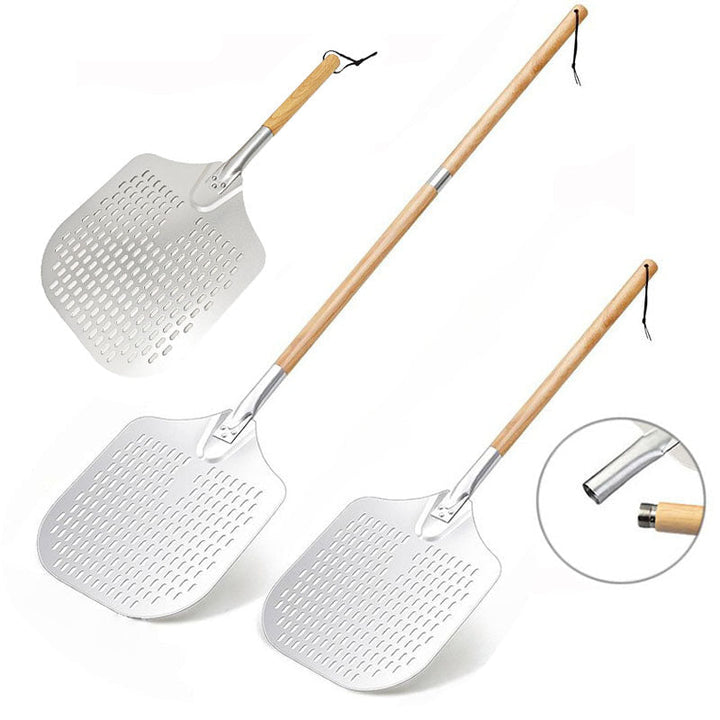 long-handled perforated pizza peel set with wooden handle stainless steel cutter and triangle server Kalsten