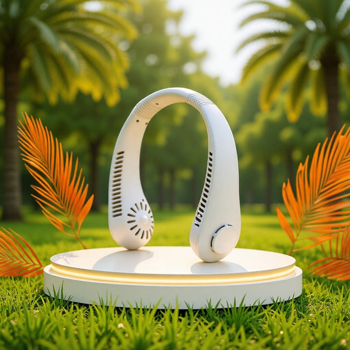 Cooling hands-free wearable neck cooling band with dual brushless vortex vents Kalsten