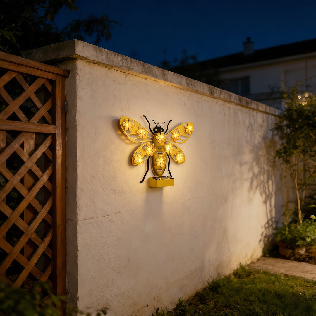 Decorative Solar LED Bee Wall Sculpture With Floral String Lights And Metal Mount Kalsten