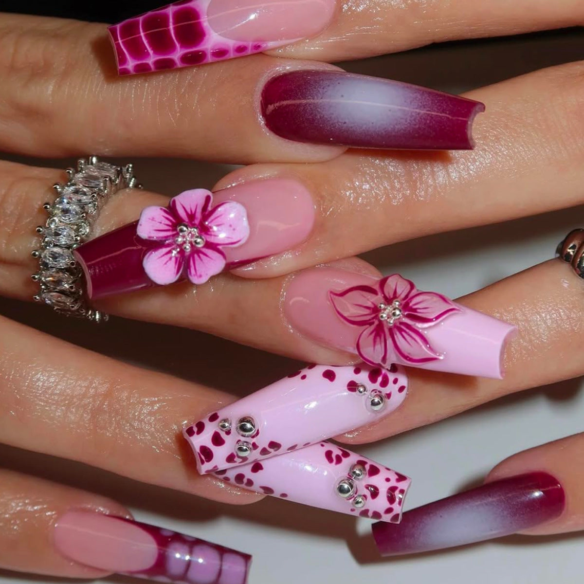 Floral 3D Art Press-On Nails with Gem Accents Acalora