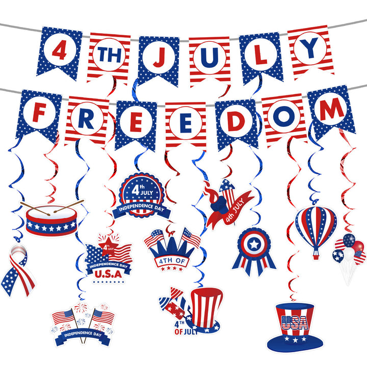 Unisex hanging party decoration hanger with spirals, patriotic symbol pendants and hanging loops Kalsten