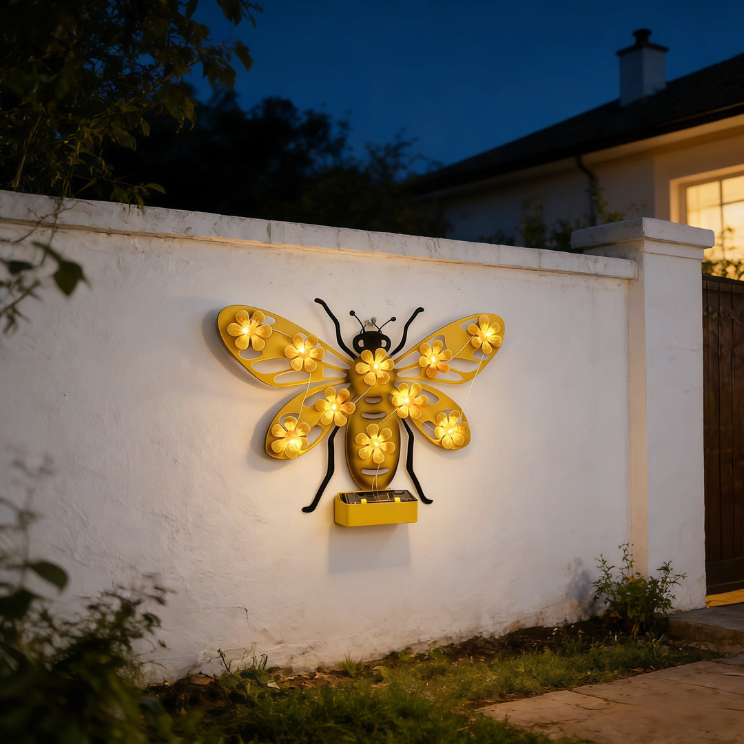 Decorative Solar LED Bee Wall Sculpture With Floral String Lights And Metal Mount Kalsten