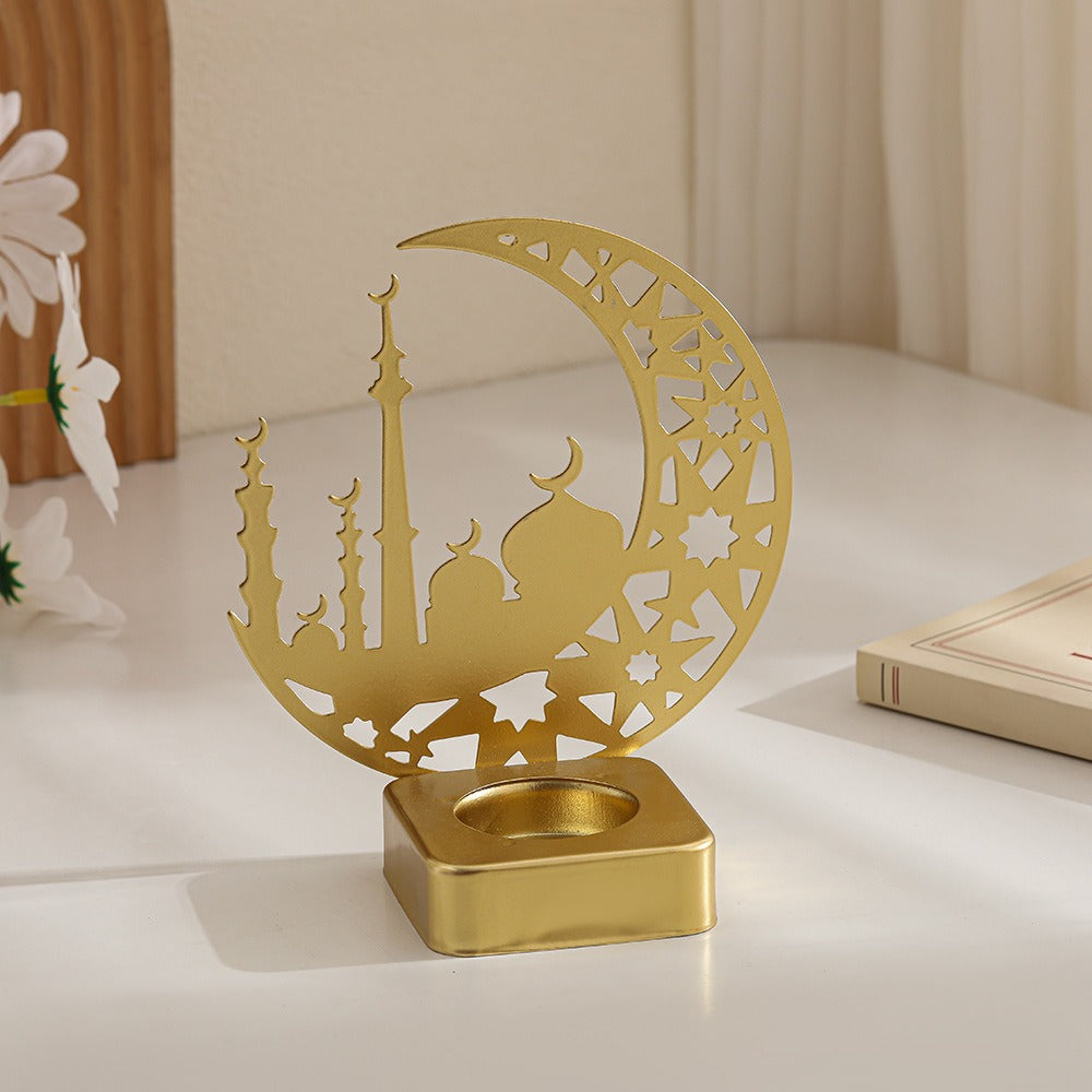 Crescent Silhouette Mosque Tea Light Lantern with Filigree Metal Base Acalora
