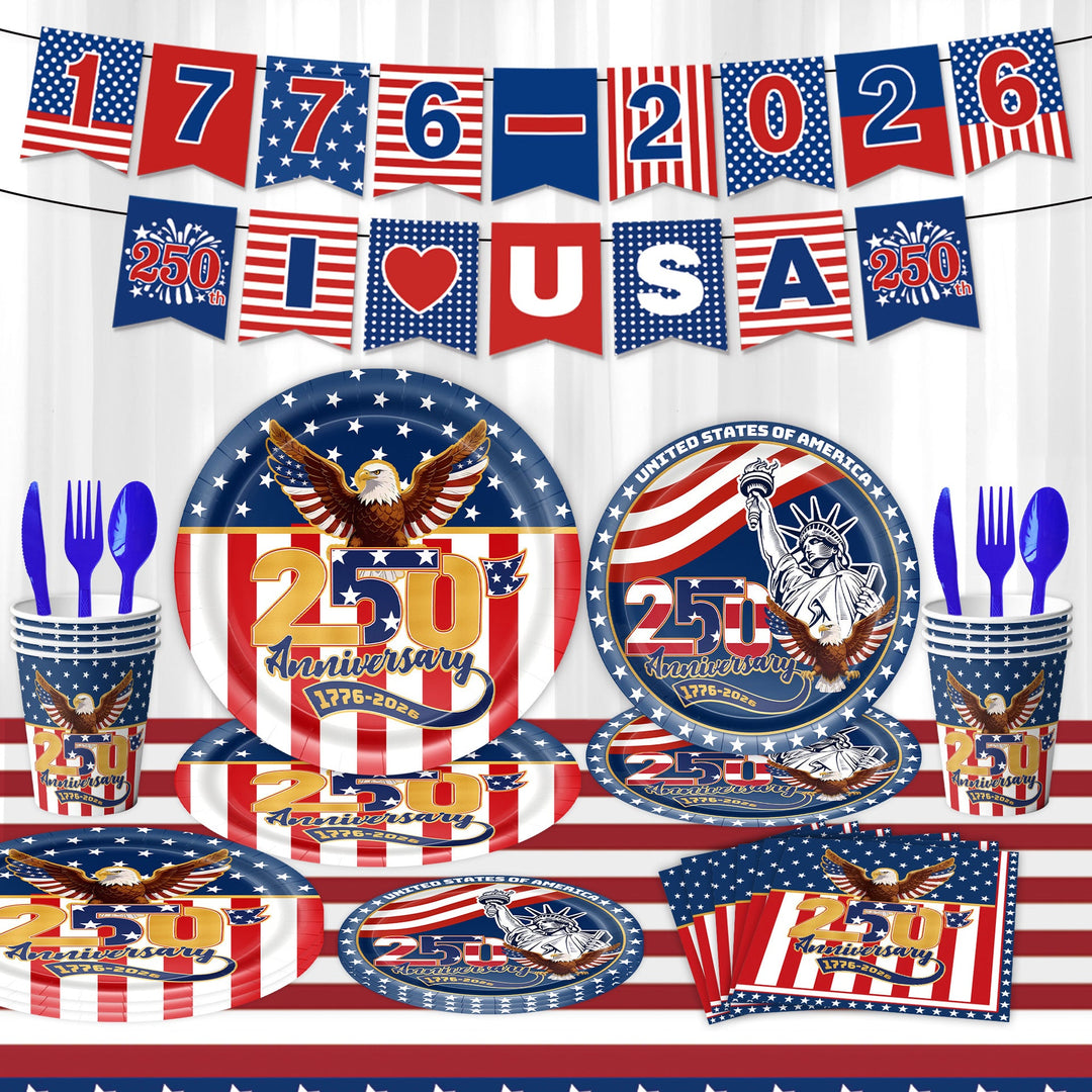 Unisex nan Patriotic Anniversary Disposable Tableware Party Kit with Stars Stripes Plates Cups Napkins Cutlery Banner Kalsten