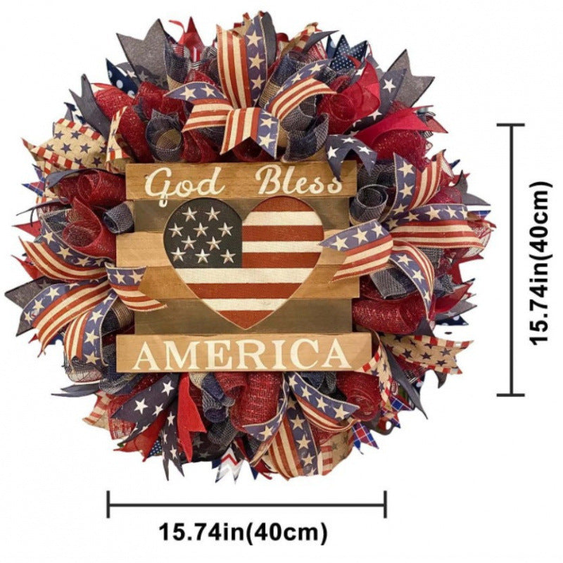Unisex rustic patriotic door wreath with wooden sign heart motif and bow bouquet Kalsten