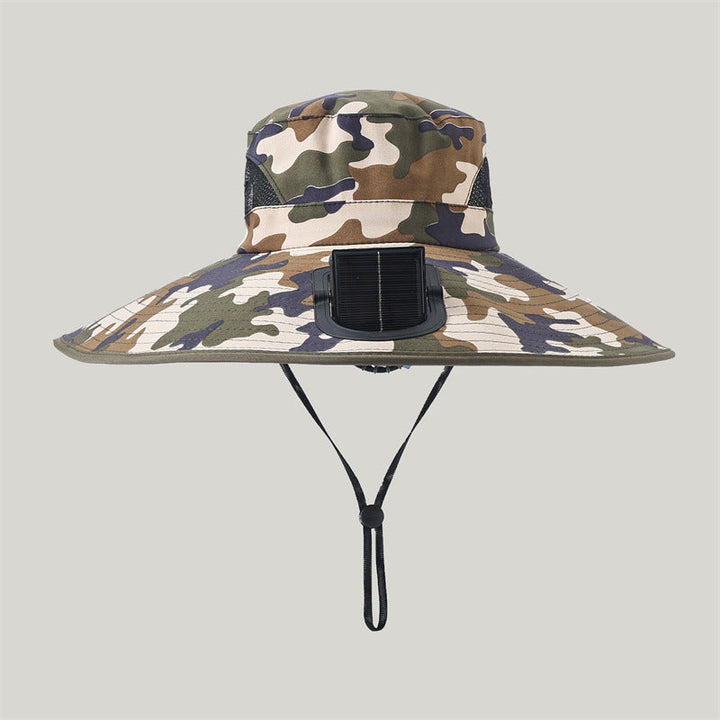 Wide-brimmed outdoor sun hat with solar-powered micro fan, breathable mesh and adjustable chin strap Kalsten