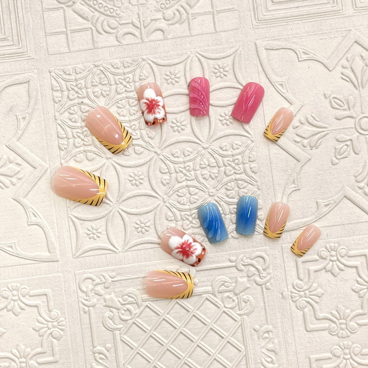 Artistic Press-On Nail Set with Floral and Wave Designs Kalsten