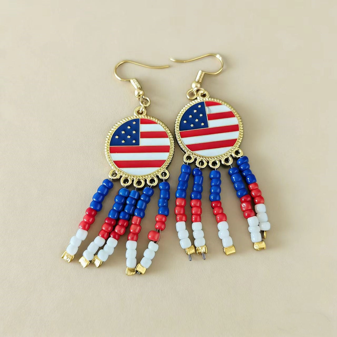 Women's noticeable tassel earrings with American flag pendant and pearl fringes Kalsten