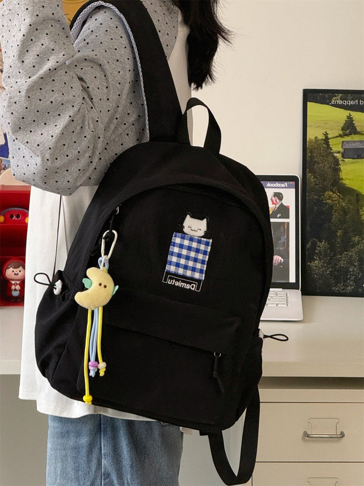 Cat-Embroidered Compact School Backpack