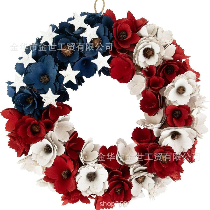 Independence Day rustic round wooden patriotic cross wall plaque with floral accents and God Bless America banner Kalsten