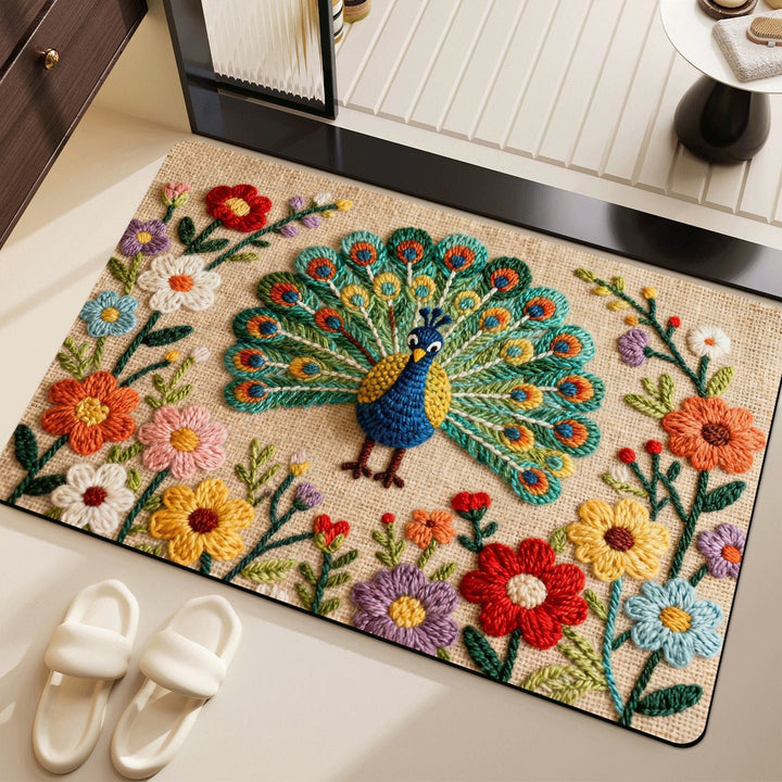 Artistic Embroidered Peacock Bath Mat Kalsten