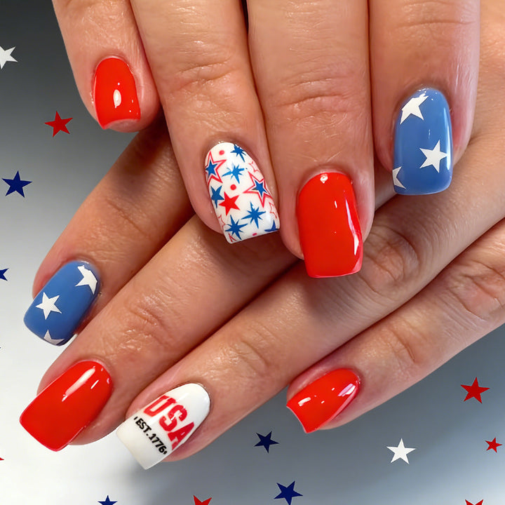 Women's nan patriotic press-on gel nail kit with star decals and USA lettering Kalsten