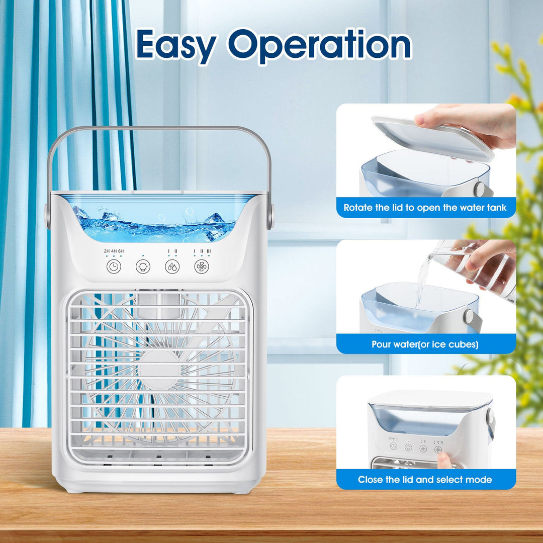 Cooling portable evaporative air cooler with refillable water reservoir adjustable louvers quiet fan and carry handle Kalsten