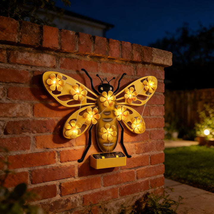 Decorative Solar LED Bee Wall Sculpture With Floral String Lights And Metal Mount Kalsten