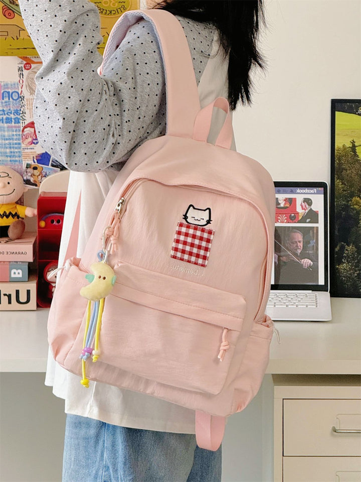 Cat-Embroidered Compact School Backpack